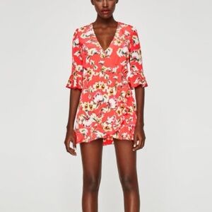 Zara coral orange flutter sleeve floral faux wrap ruffle romper dress size small